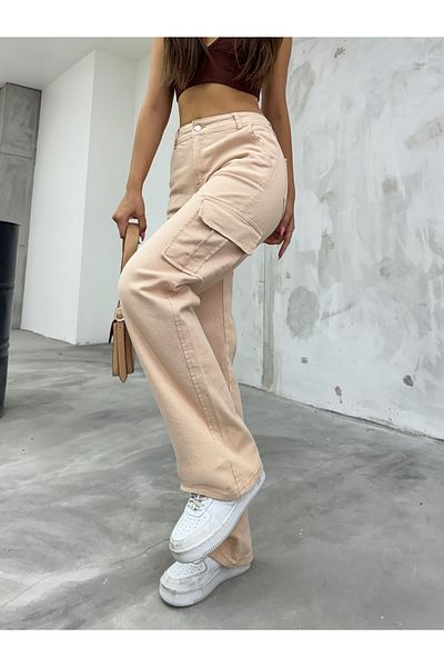 BİKELİFE Cremefarbene Cargohose für Damen mit hoher Taille und weitem Bein