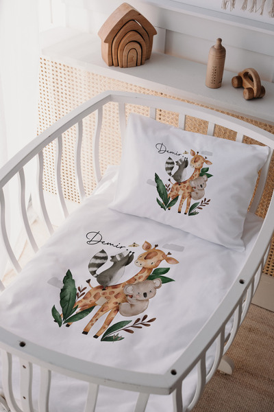 Lilabio %100 Pamuk Saten Isme Özel Isimli Anne Yanı Beşik Nevresim Takımı Safari