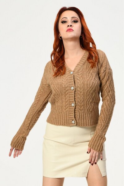 Miss Poem Thick Cardigan with Pearl Buttons - Camel