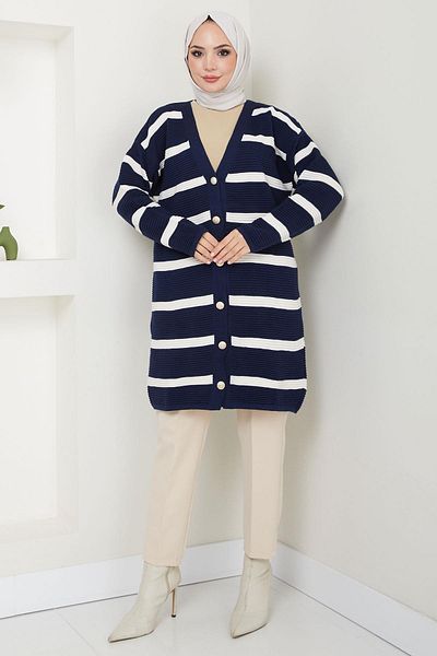 hafsamina Navy Blue Striped Corded Knitwear Cardigan - Hm2589