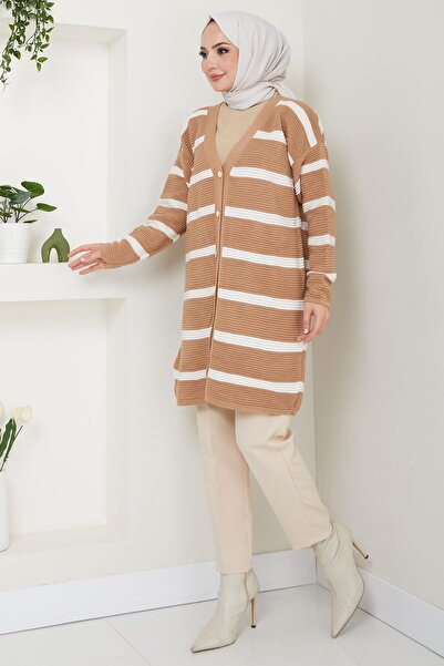 hafsamina Ζακέτα με ραβδώσεις Camel Knitwear - Ριγέ HM2589