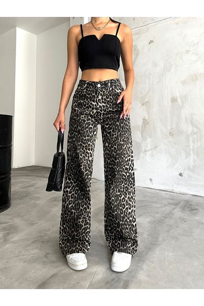 BİKELİFE Palazzo-Hose aus Lycra mit hoher Taille und weitem Bein und Leopardenmuster für Damen