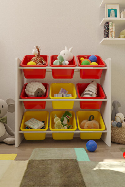 Flinder 9 Sepetli Kırmızı ve Sarı Oyuncak Dolabı, Çok Amaçlı Dolap, Montessor...