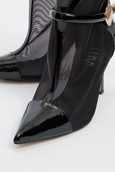 LuviShoes GROVE Siyah Rugan Fileli Arkadan Fermuarlı Kadın İnce Topuklu Bot