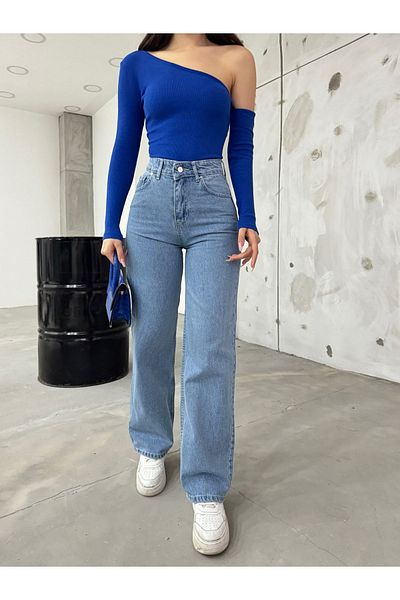 BİKELİFE Blaue Jeans mit hoher Taille und weitem Bein aus Lycra-Stretch für Damen