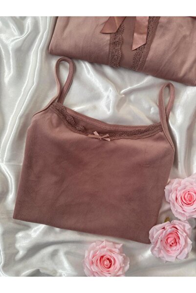 Lena Homewears Pudra Kadife Sabahlıklı Kadın Pijama Takımı