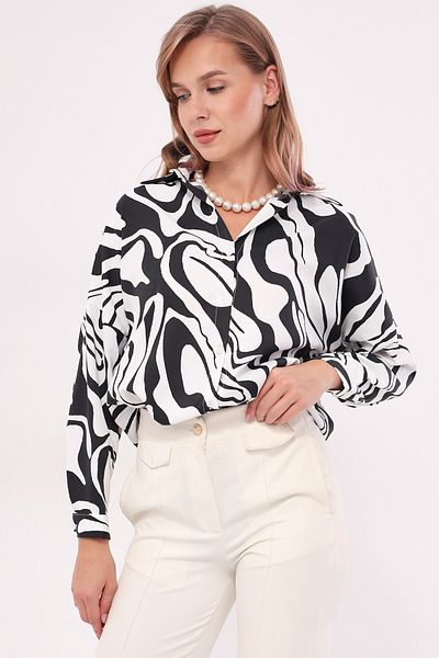 armonika Női fekete mintás Oversize hosszú alap ing kar-22Y001148