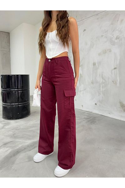 BİKELİFE Burgunder Cargo-Tasche Lycra Hohe Taille Weites Bein Hose