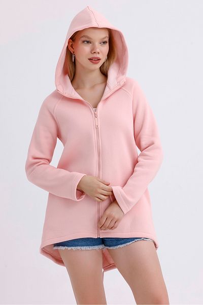MD trend Women's Hooded Zipper Closure Asymmetrical Fleece Inside Three Thread Oversize Sweatshirt
