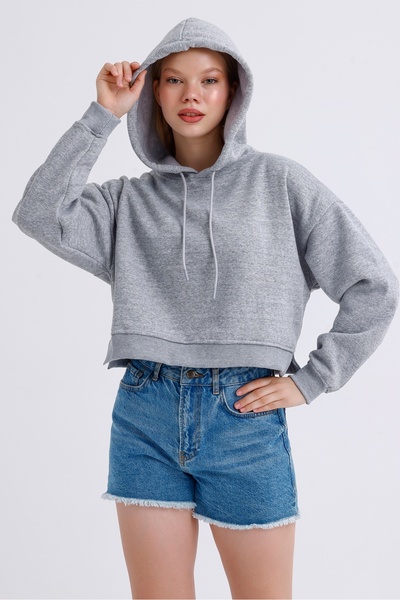 MD trend Women's Hooded Basic Crop Sweatshirt with Slit Detail and Fleece Inside
