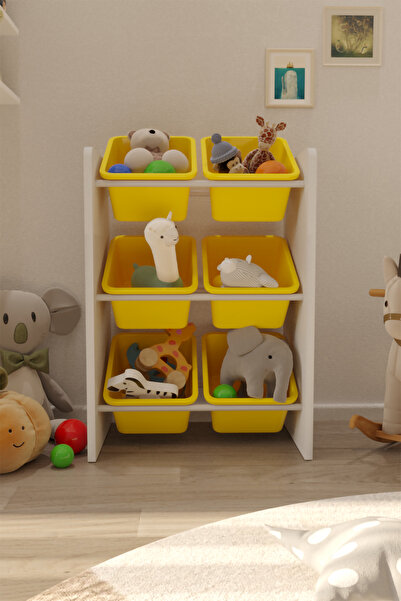 Flinder 6 Sepetli Sarı Oyuncak Dolabı, Çok Amaçlı Dolap, Montessori Dolap