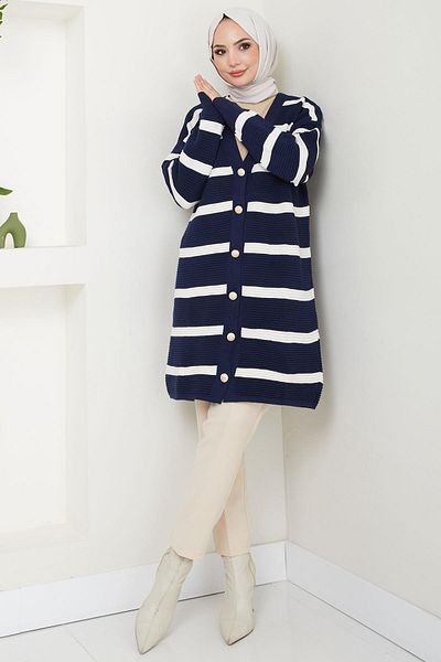 hafsamina Navy Blue Striped Corded Knitwear Cardigan - Hm2589