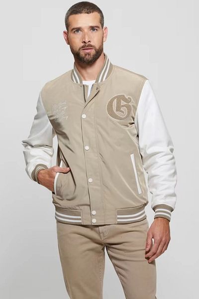 Guess Men's Beige Versity Bomber Jacket
