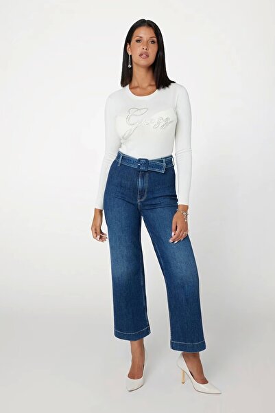 Guess Pulover alb pentru femei cu logo cu pietre în față