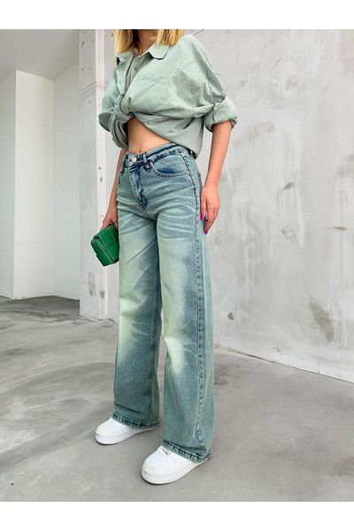 BİKELİFE Damen-Jeans im Vintage-Stil mit hoher Taille und weitem Bein in hellem Effekt