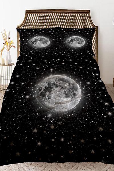 Else Halı Black Space Moon Planet Patterned Double Quilted Quilt Pillowcase