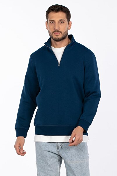 OIL PARK Erkek İndigo Dik Yaka 3 İplik Şardonlu Yarım Fermuarlı Rahat Kalıp S...