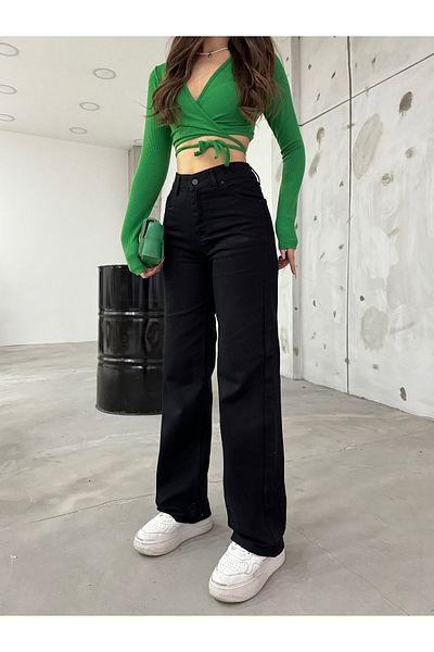 BİKELİFE Schwarze Palazzo-Hose mit weitem Bein und hoher Taille für Damen