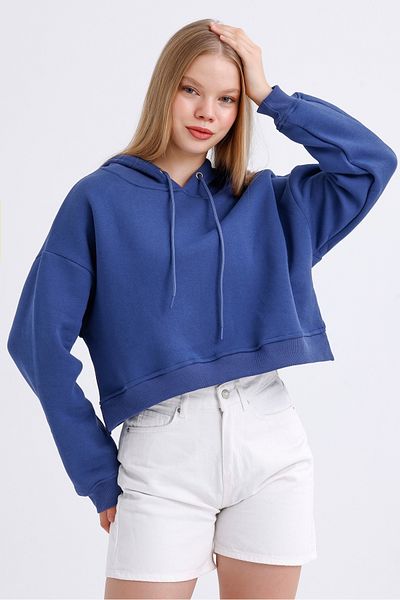 MD trend Hanorac crop de bază cu glugă, cu fante, cu fleece în interior