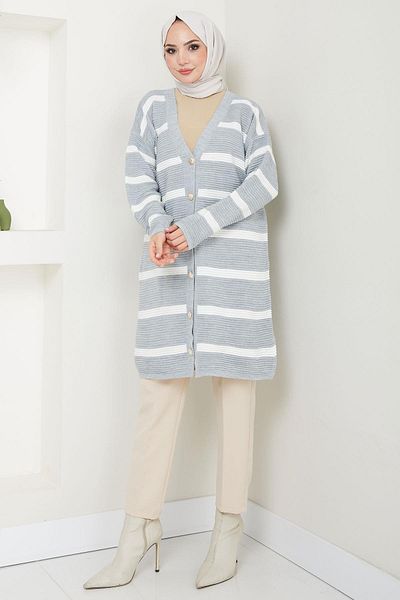 hafsamina Gray Striped Corded Knitwear Cardigan - Hm2589