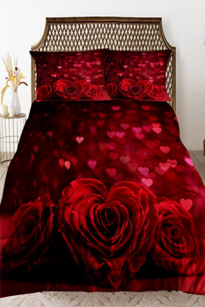Else Halı Kırmızı Gül Yaprakları Desenli Çift Kişilik Kapitoneli Yorgan Yastı...