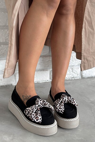 Shoebutik Black Leopard Patterned Bow Women's Sneakers