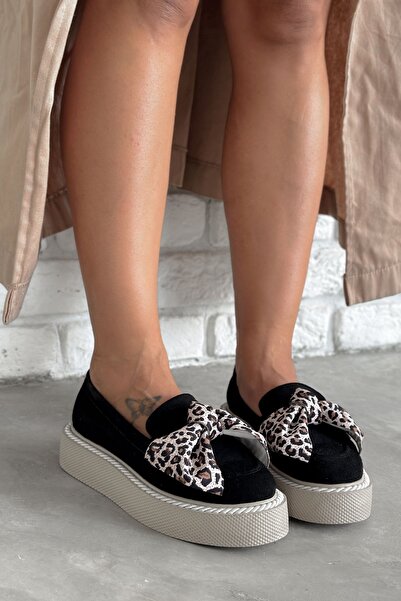 Shoebutik Black Leopard Patterned Bow Women's Sneakers