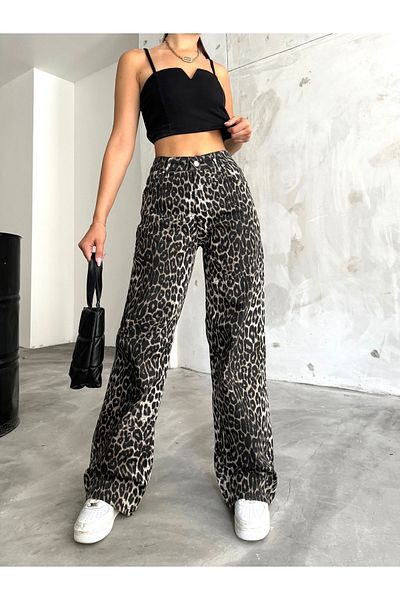 BİKELİFE Palazzo-Hose aus Lycra mit hoher Taille und weitem Bein und Leopardenmuster für Damen