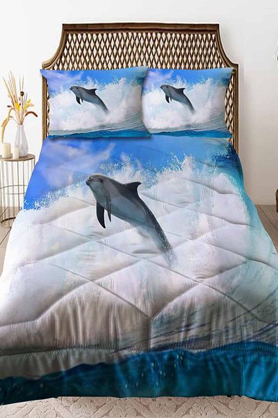 Else Dekor Blue Dolphin Sea Patterned Double Person Quilted Quilt Pillowcase