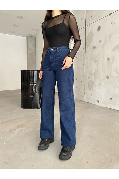 BİKELİFE Marineblaue Damenjeans mit hohem Bund und dehnbarem Lycra und weitem Bein