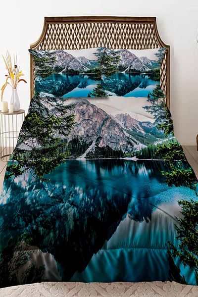 Else Dekor Blue Lake Landscape Patterned Double Quilted Quilt Pillowcase