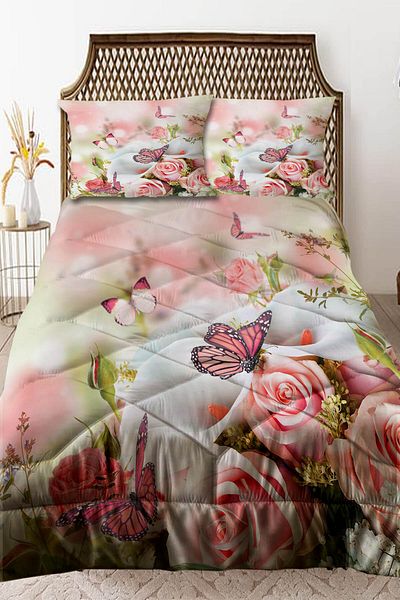 Else Halı Pink Roses Flowers Patterned Double Quilted Quilt Pillowcase