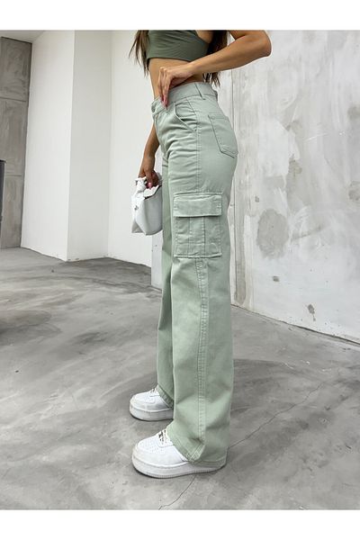 BİKELİFE Pantaloni cargo largi, verde deschis, cu talie înaltă pentru femei