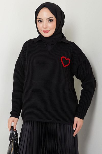 hafsamina Polo Neck Heart Embroidered Black Knitwear Sweater - Hm2571