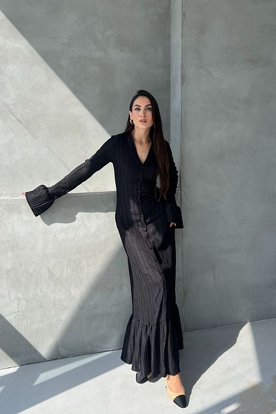 Seda Yalçın Atelier Black Pleated Buttoned Sleeve Detailed Long Dress