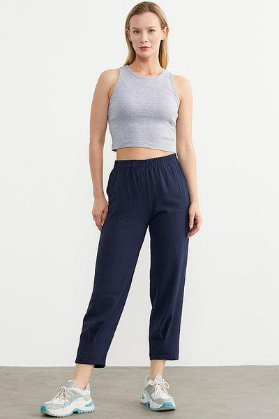Sementa Pantaloni din crepon cu detaliu de cordon pe picioare - Bleumarin