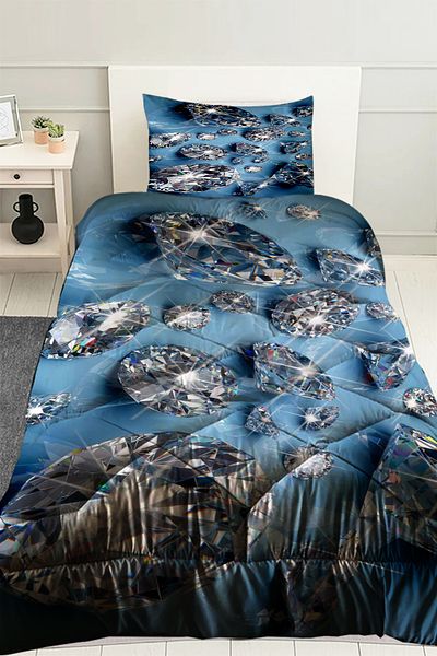 Else Dekor Blue and White Diamonds Patterned Single Quilted Quilt with Pillowcase
