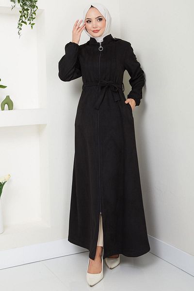 hafsamina Black Suede Ferace - Ribbed and Hooded Hm2544