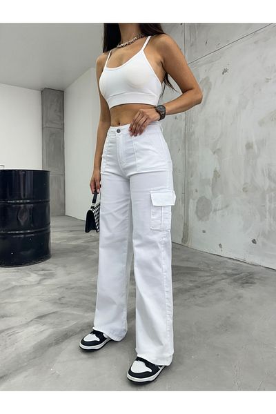 BİKELİFE Weiße Cargo-Hose aus Lycra mit hoher Taille und weitem Bein und Tasche