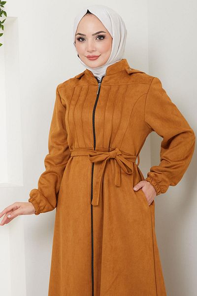 hafsamina Tan Suede Ferace - Ribbed and Hooded Hm2544