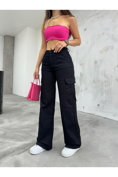 BİKELİFE Siyah Kargo Cepli Likralı Yüksek Bel Wide Leg Pantolon