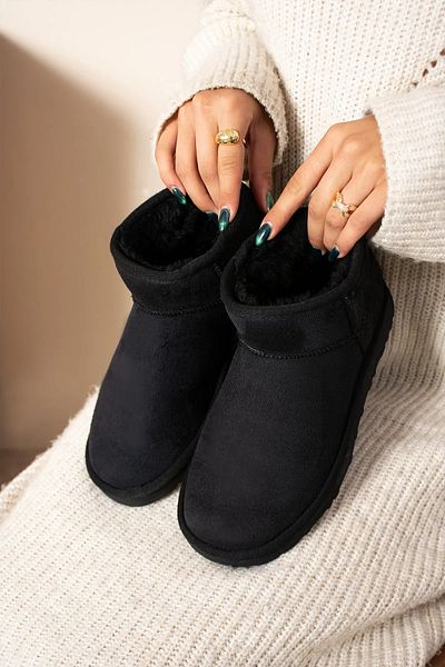 Nexs Mini Black Suede Ankle Boots with Furry Inside Flat Sole Women's Shoes