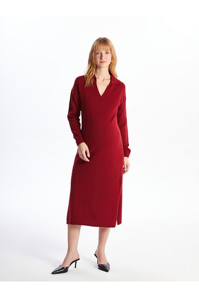 LC Waikiki Schlichtes, langärmliges Umstands-Strickkleid mit Polokragen