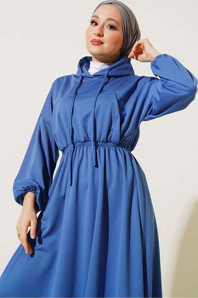 Bestenur Lidya 586 - Rochie Indigo Hijab, Talie elastică și Glugă