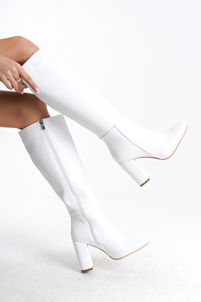 Redoxy Women's Special Design Blunt Toe Zippered Thick High Heel White Boots