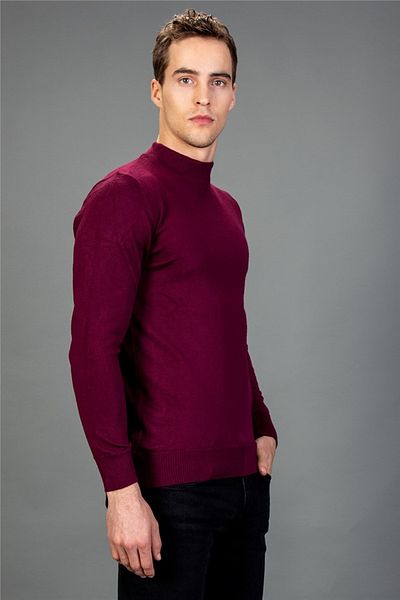 Tudors Pulover pentru bărbați, slim fit, cu jumătate de gât țesut, tricotaj, roșu claret