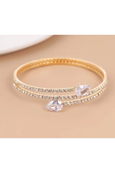 stainless steell çift sıra yapay kristal taşlı esnek lüks bileklik