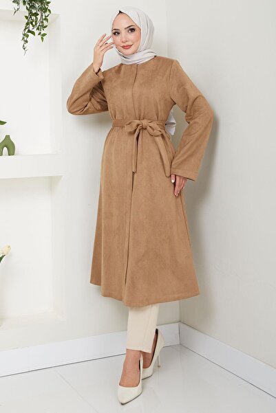 hafsamina Fermuarlı Kuşaklı Süet Kap Camel HM2542