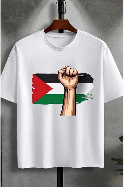 Pink Sky Palestine Printed White Unisex Oversize T-Shirt - T-Shirt