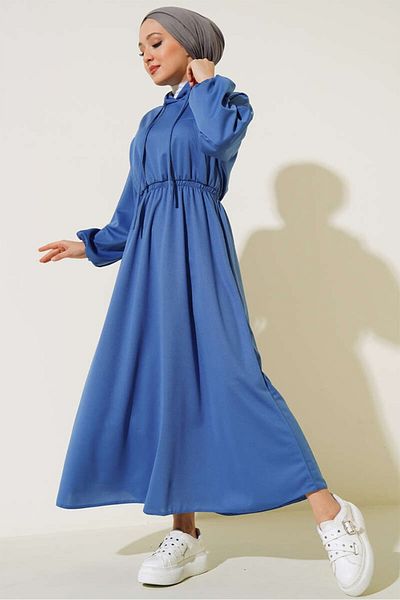 Bestenur Lidya 586 - Rochie Indigo Hijab, Talie elastică și Glugă